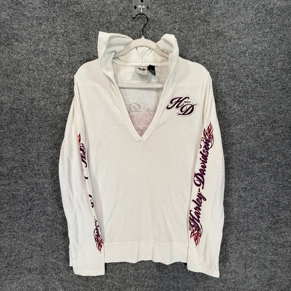 Harley Davidson Hoodie Womens XL White Waffle Knit Rhinestone Biker Pullover Y2K